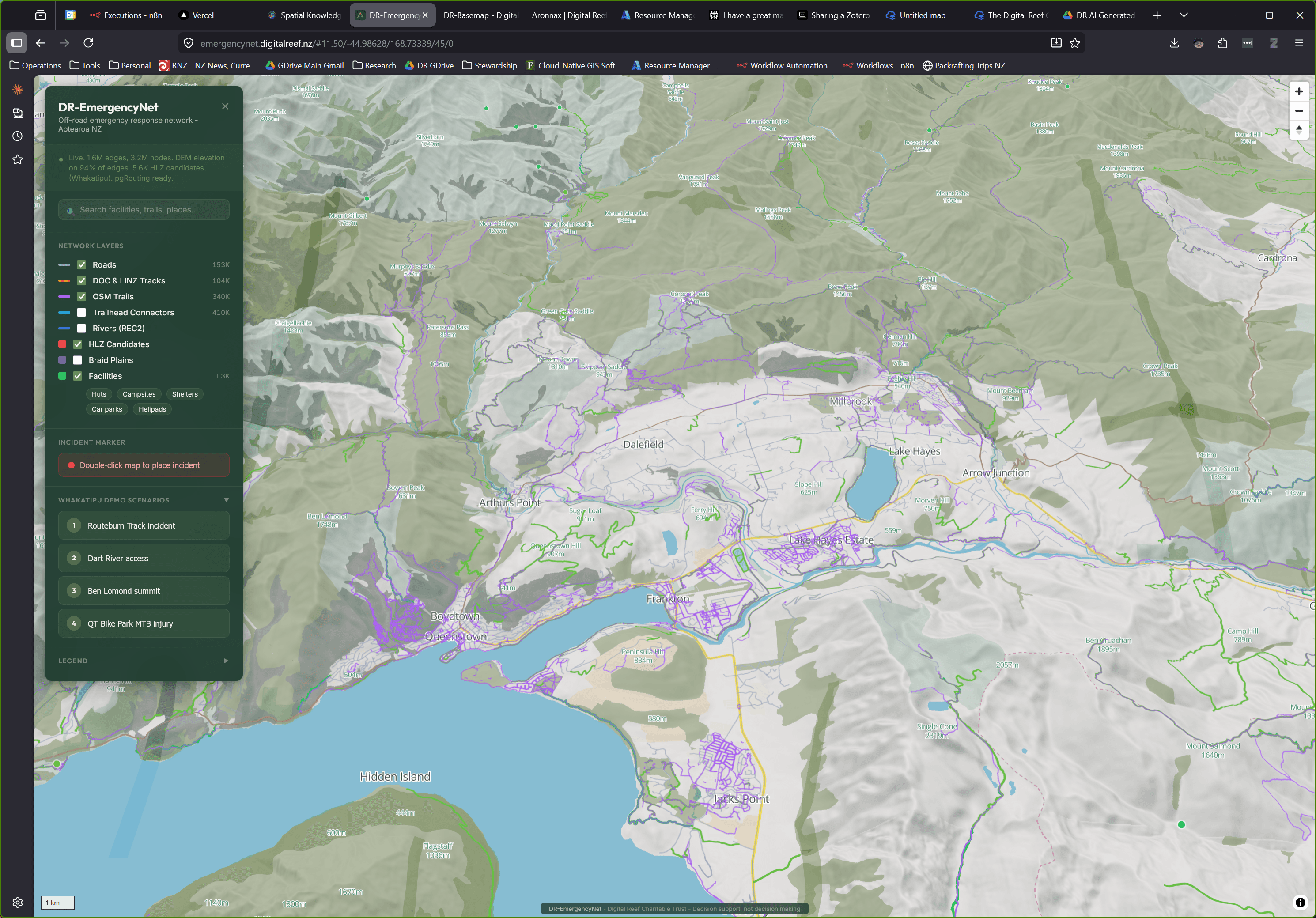 DR-EmergencyNet off-road routing network showing tracks, trails, and rivers connected to the road centreline across Aotearoa